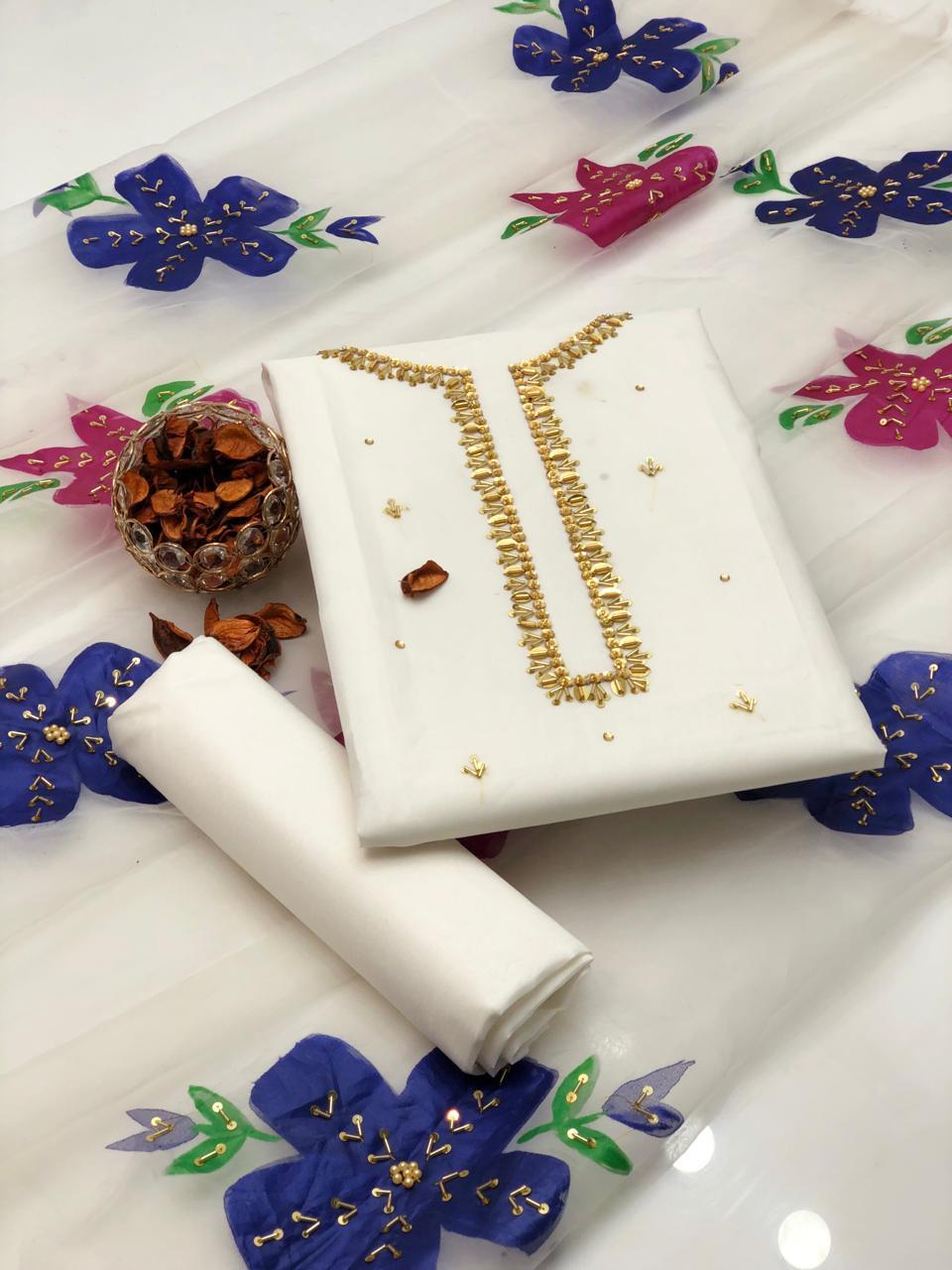 3 Pcs Women's Unstitched Katan Silk Printed Embroidered Suit