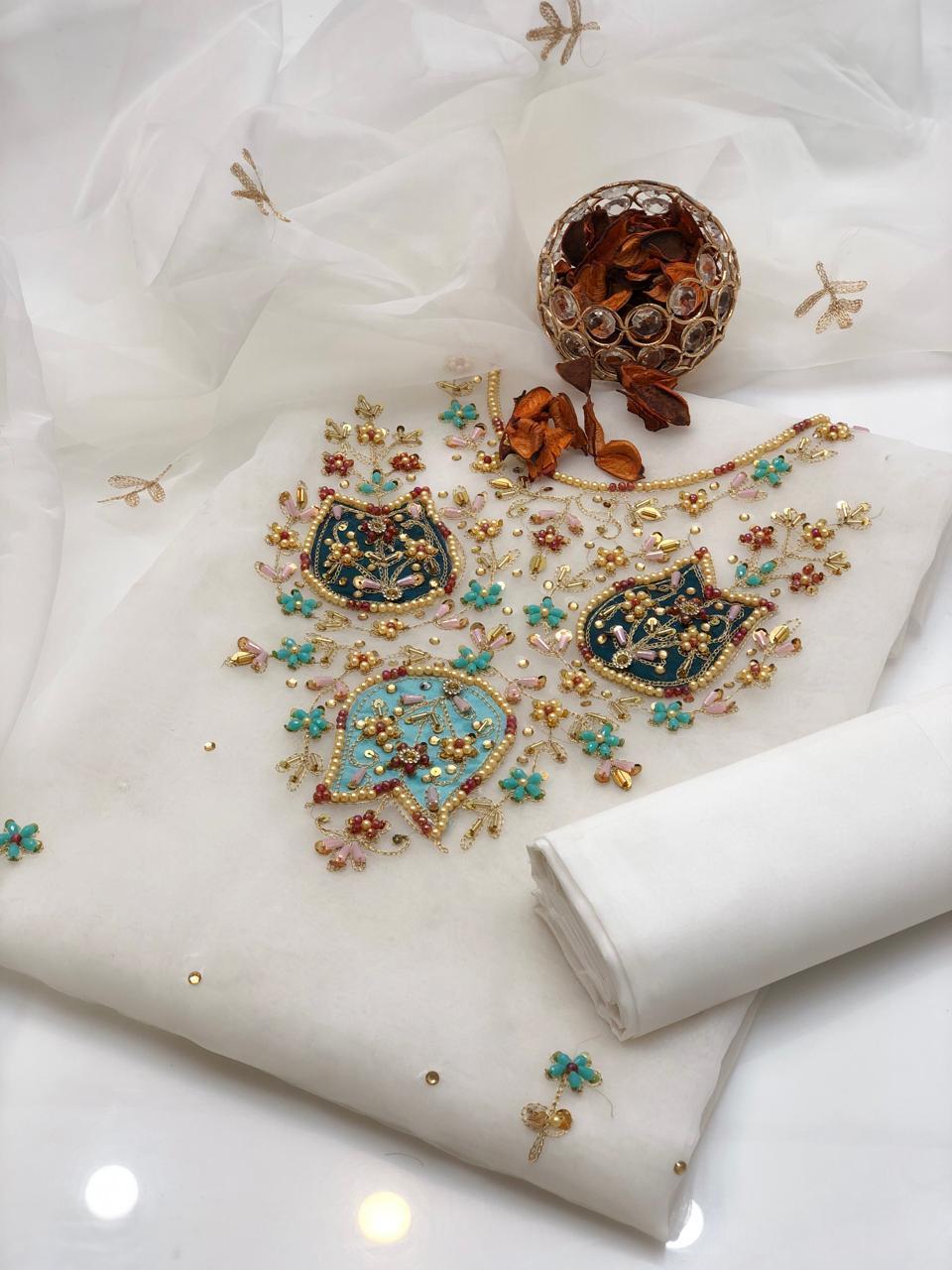 3 Pcs Women's Unstitched Organza Hand Embroidered Suit