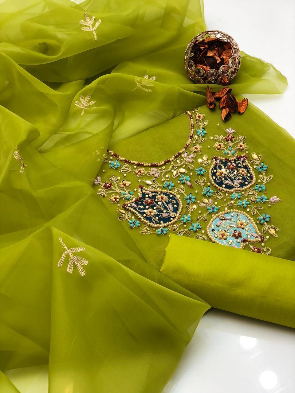 3 Pcs Women's Unstitched Organza Hand Embroidered Suit