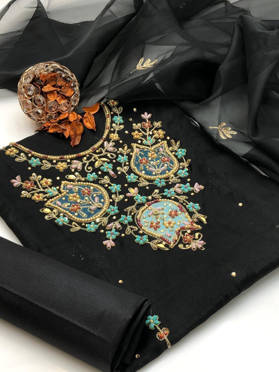 3 Pcs Women's Unstitched Organza Hand Embroidered Suit