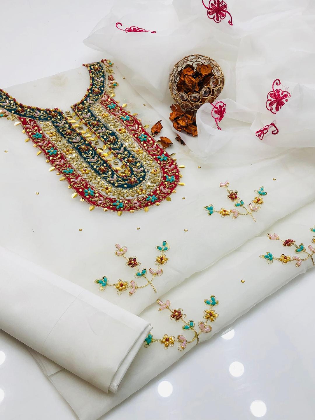 3 Pcs Women's Unstitched Organza Hand Embroidered Suit