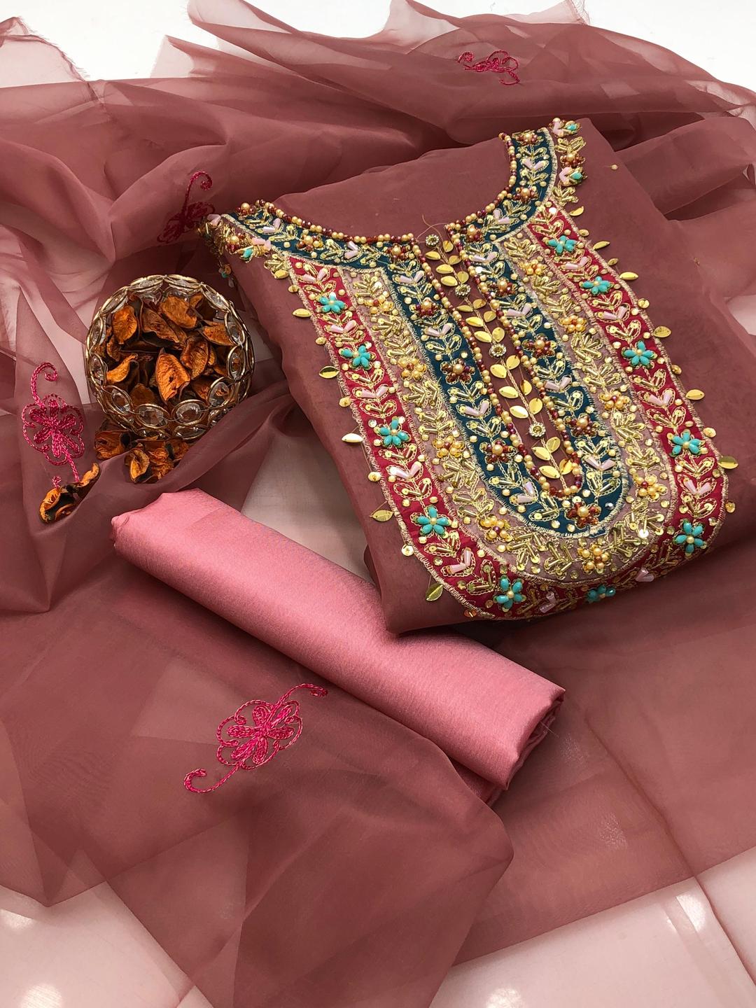 3 Pcs Women's Unstitched Organza Hand Embroidered Suit