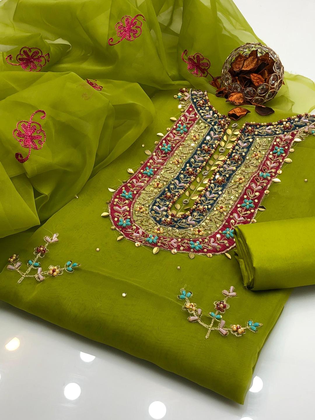 3 Pcs Women's Unstitched Organza Hand Embroidered Suit