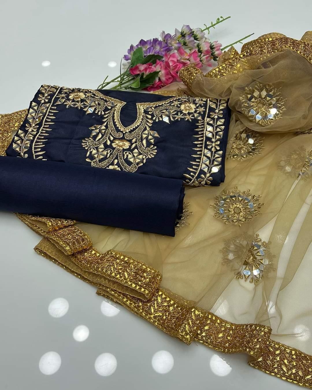 3 Pcs Women's Unstitched Mirror Work Suit