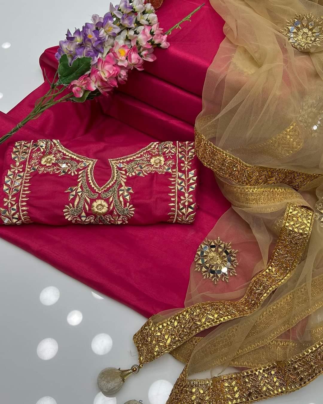 3 Pcs Women's Unstitched Mirror Work Suit