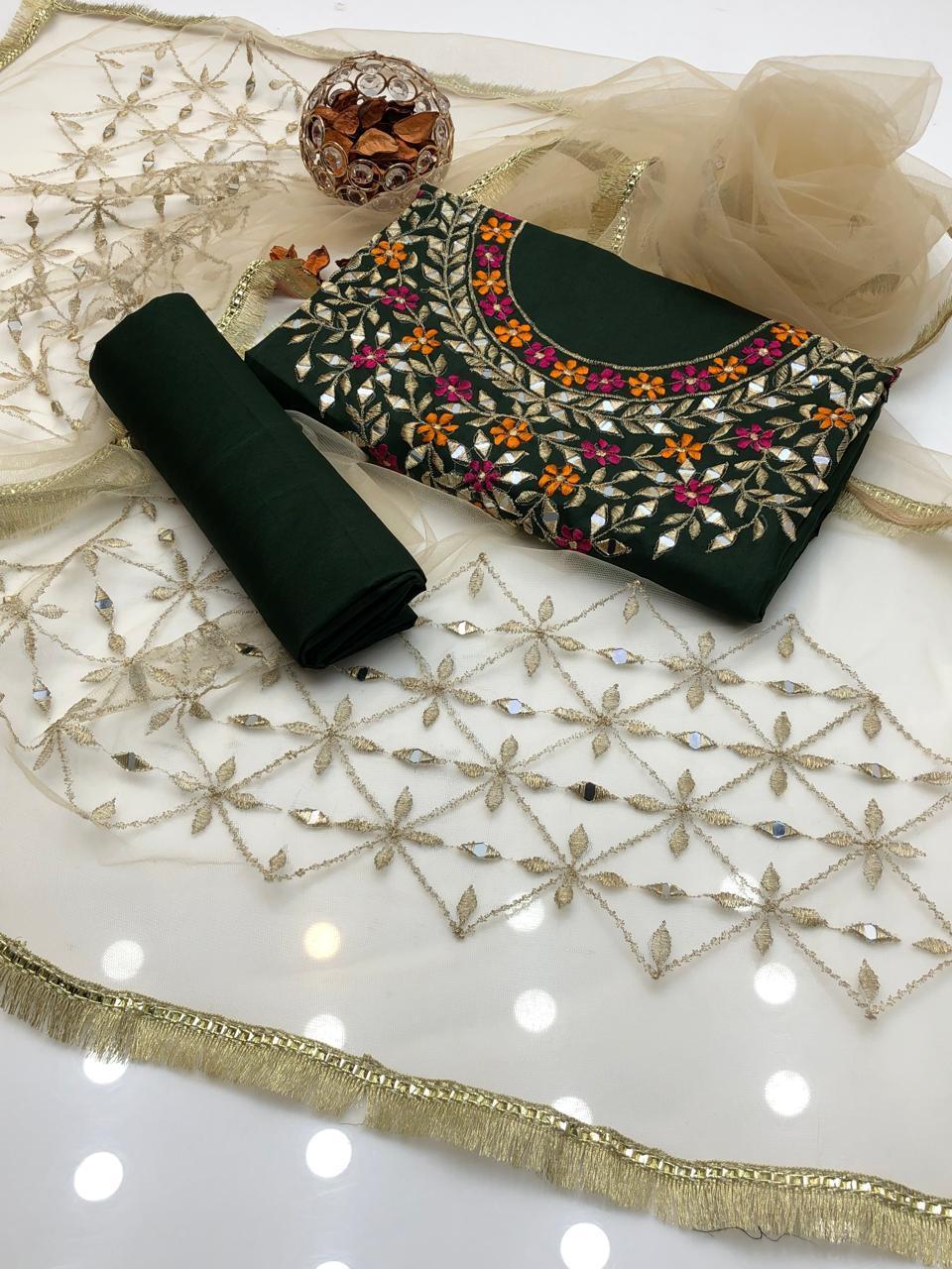 3 Pcs Women's Unstitched Mirror Work Suit