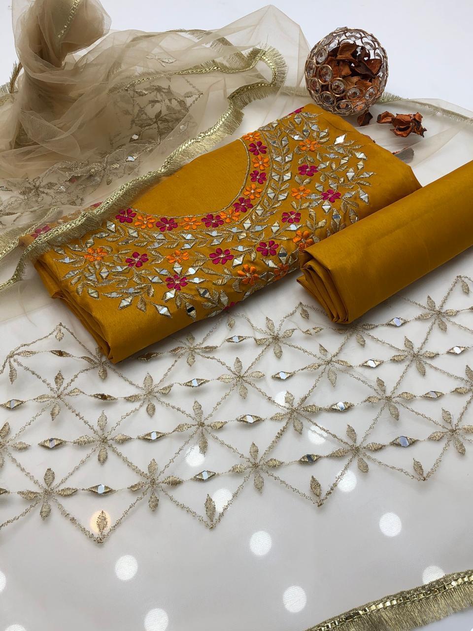 3 Pcs Women's Unstitched Mirror Work Suit