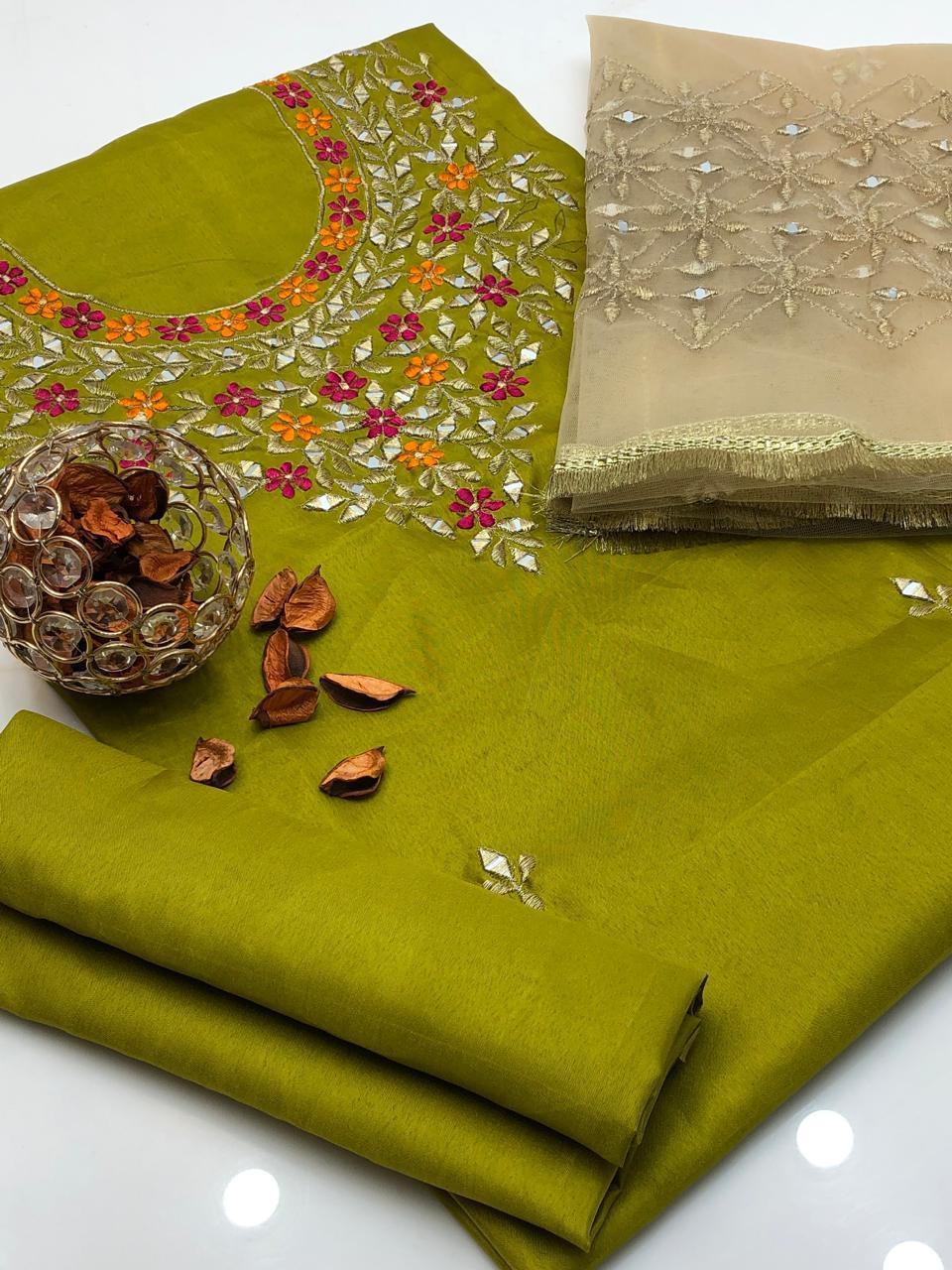 3 Pcs Women's Unstitched Mirror Work Suit