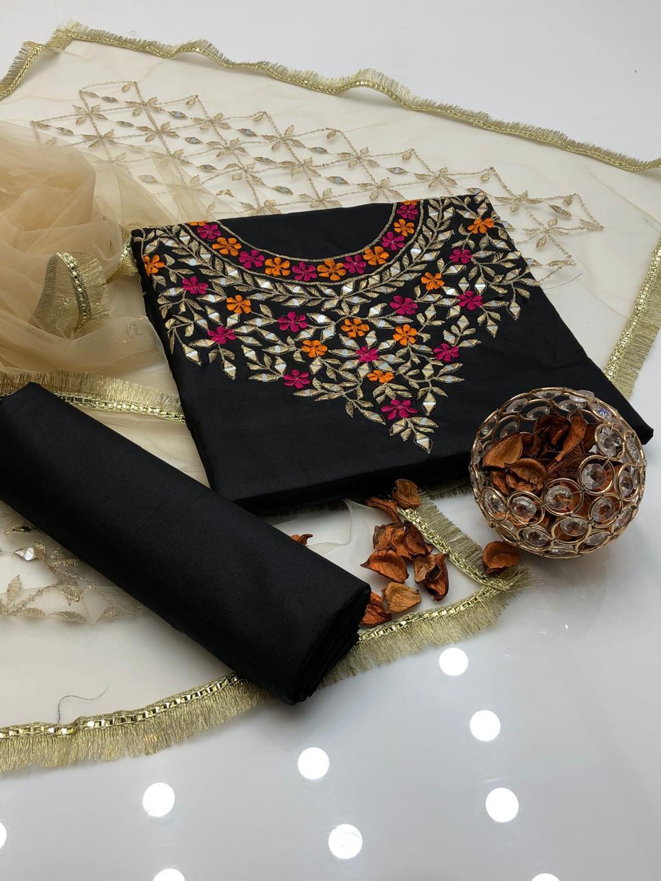 3 Pcs Women's Unstitched Mirror Work Suit