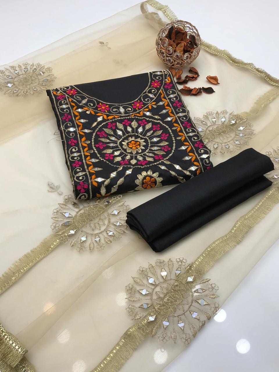 3 Pcs Women's Unstitched Mirror Work Suit