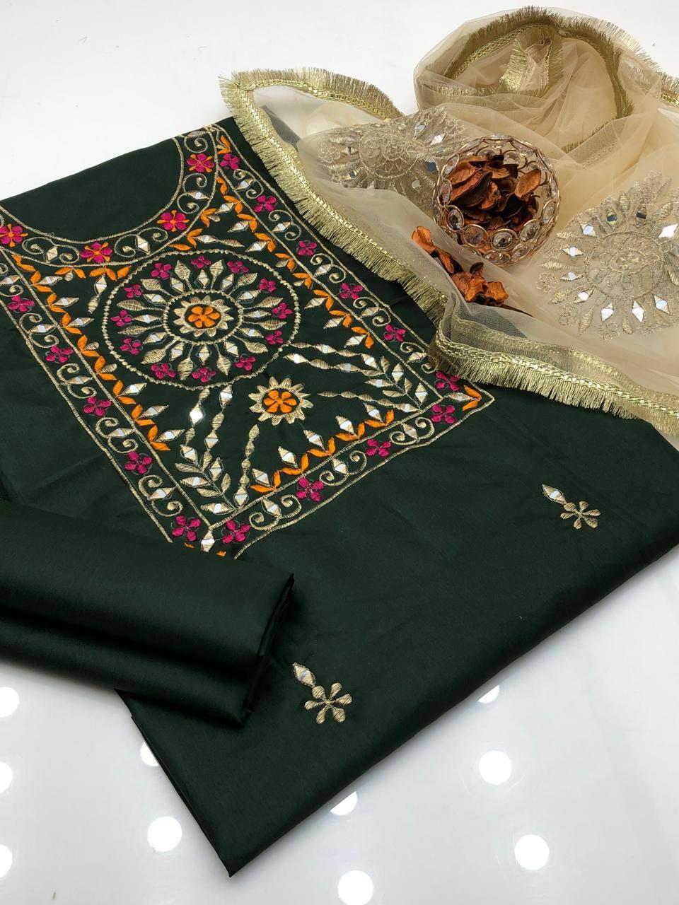 3 Pcs Women's Unstitched Mirror Work Suit