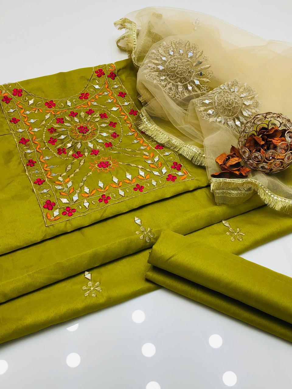 3 Pcs Women's Unstitched Mirror Work Suit