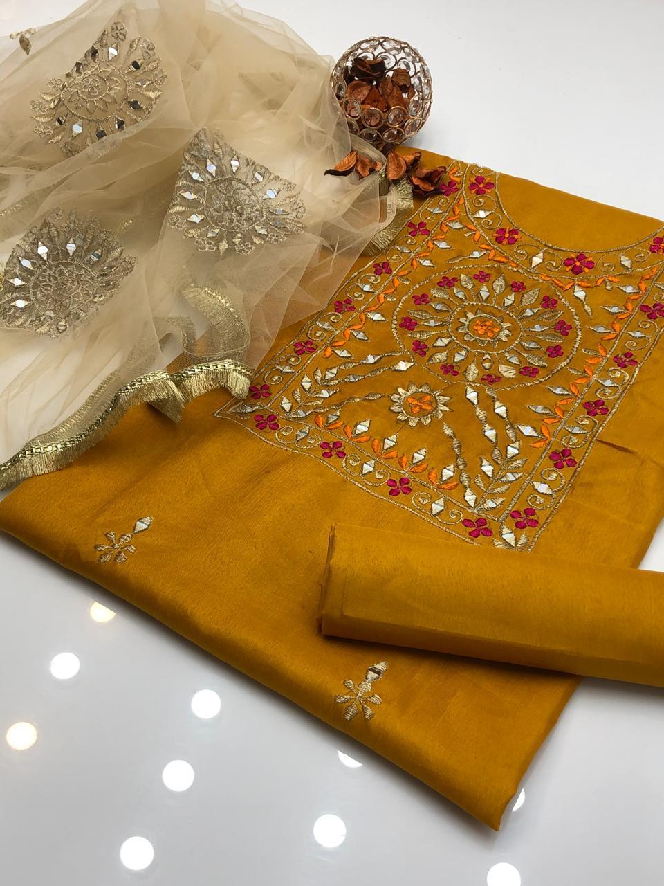 3 Pcs Women's Unstitched Mirror Work Suit