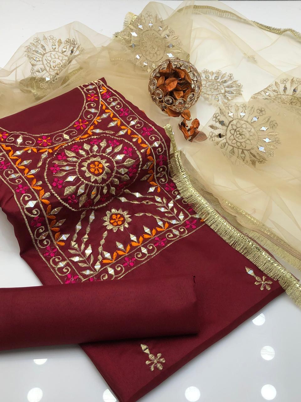 3 Pcs Women's Unstitched Mirror Work Suit