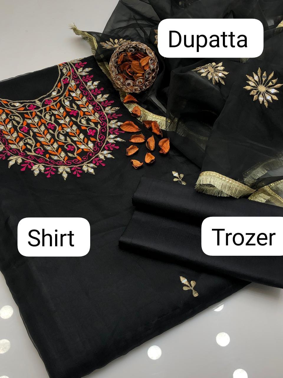 3 Pcs Women's Unstitched Mirror Work Suit