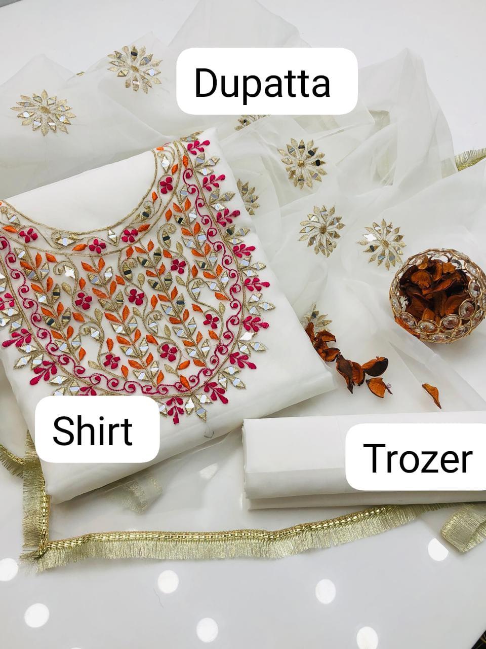 3 Pcs Women's Unstitched Mirror Work Suit