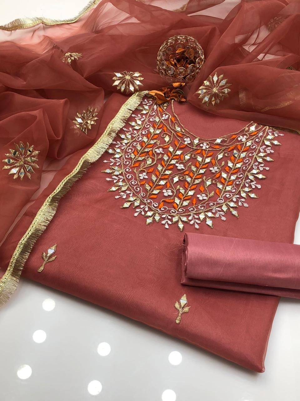 3 Pcs Women's Unstitched Mirror Work Suit