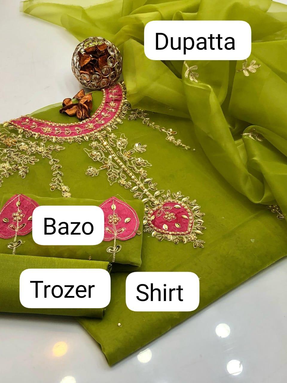 3 Pcs Women's Unstitched Hand Embroidered Suit