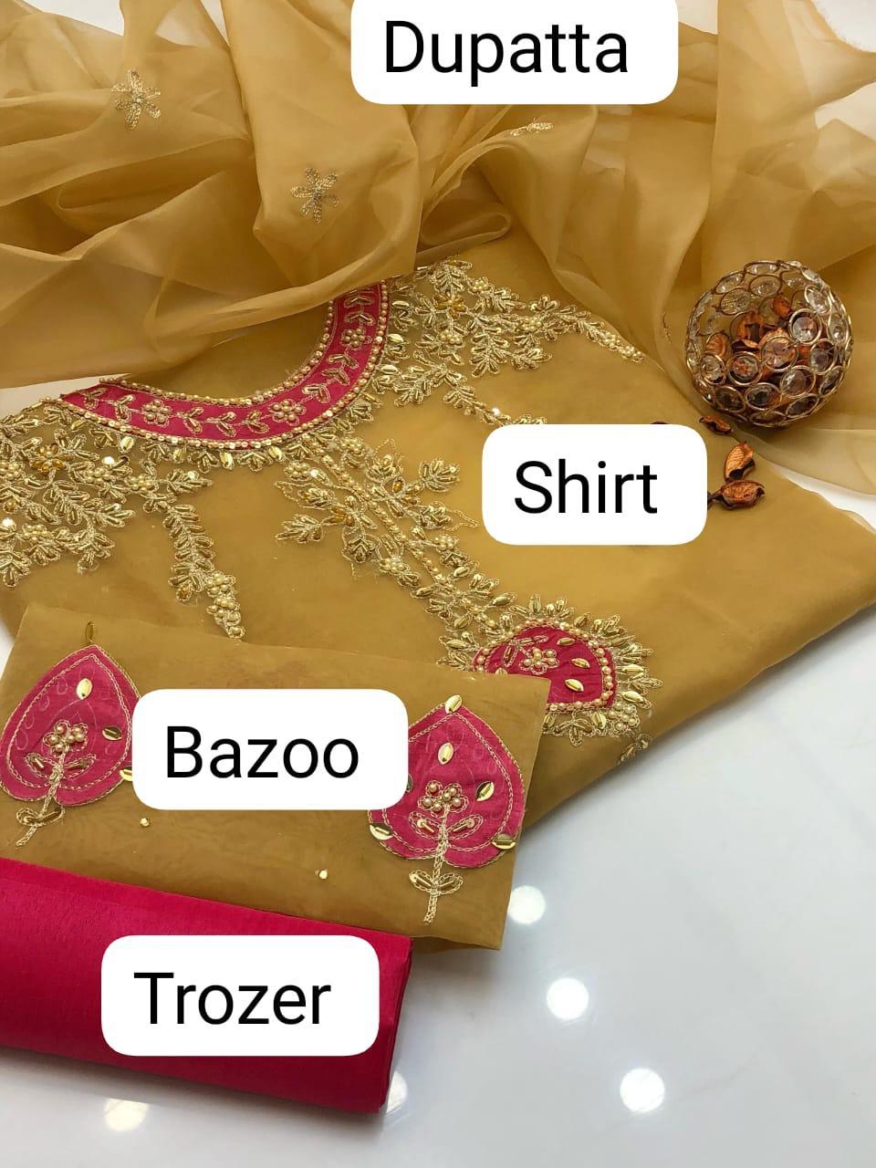 3 Pcs Women's Unstitched Hand Embroidered Suit