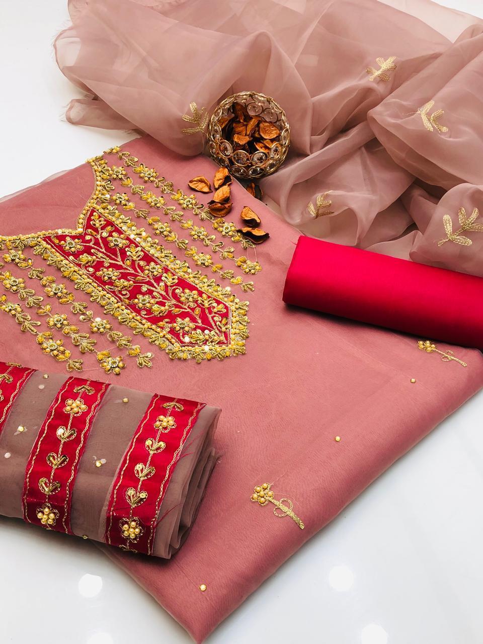 3 Pcs Women's Unstitched Hand Embroidered Suit