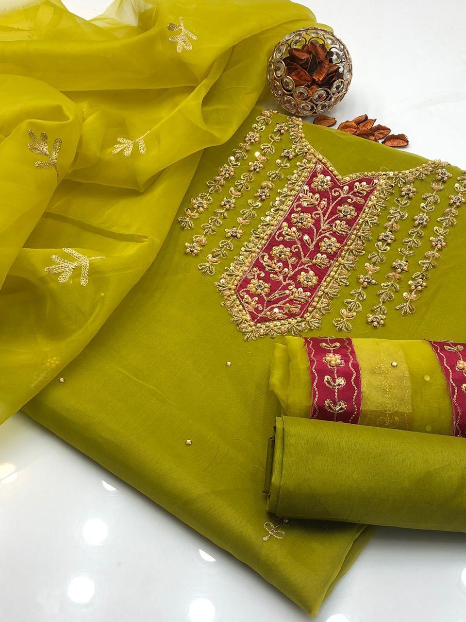 3 Pcs Women's Unstitched Hand Embroidered Suit