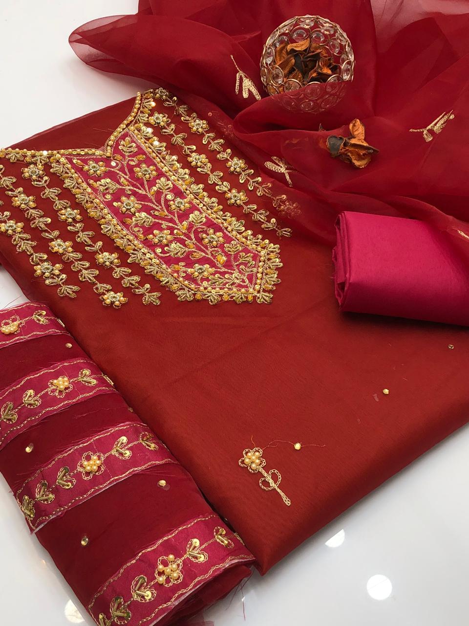 3 Pcs Women's Unstitched Hand Embroidered Suit