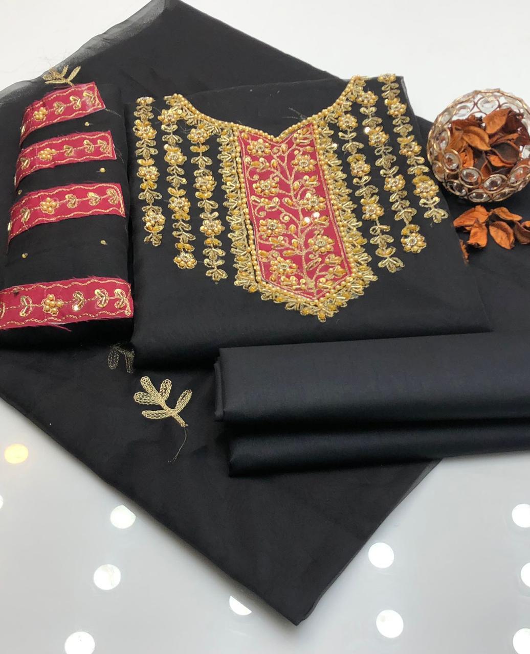 3 Pcs Women's Unstitched Hand Embroidered Suit