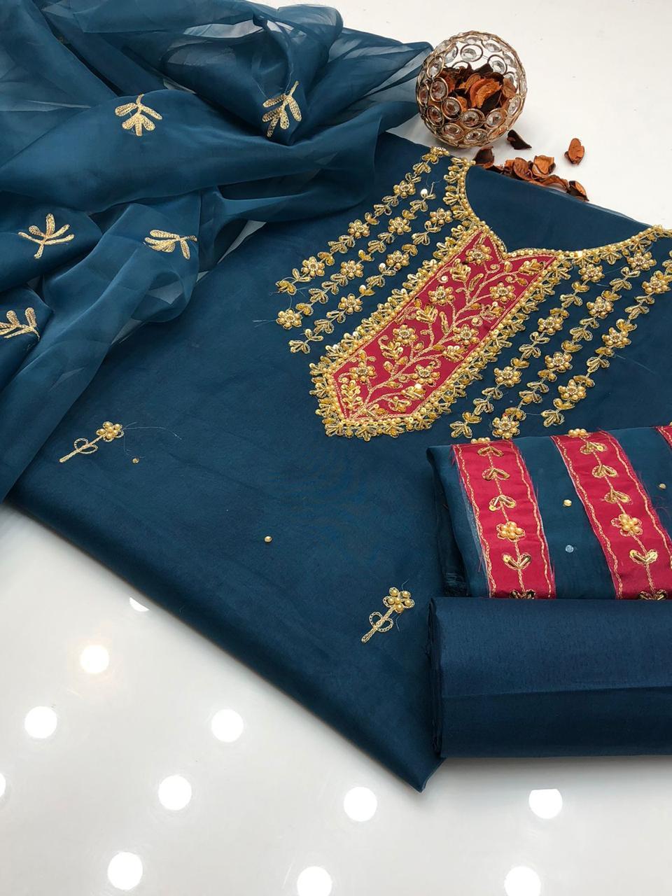 3 Pcs Women's Unstitched Hand Embroidered Suit