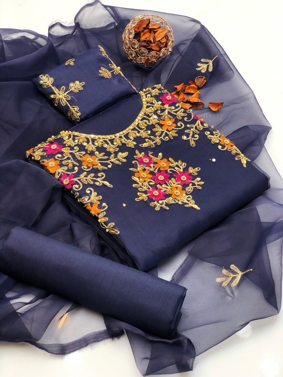 3 Pcs Women's Unstitched Hand Embroidered Suit