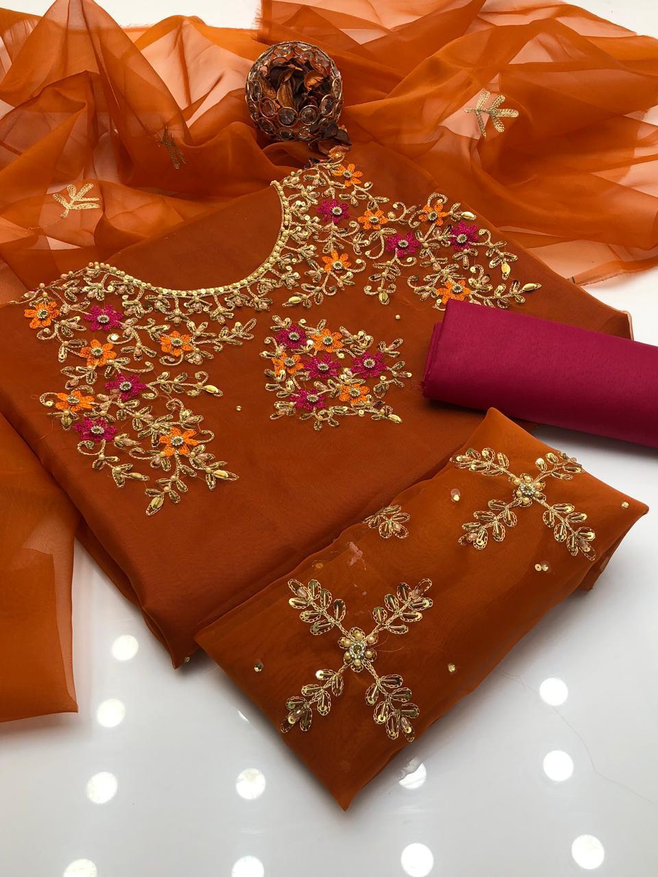 3 Pcs Women's Unstitched Hand Embroidered Suit