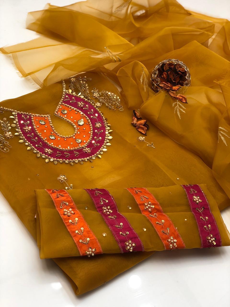 2 Pcs Women's Unstitched Organza Hand Work Suit