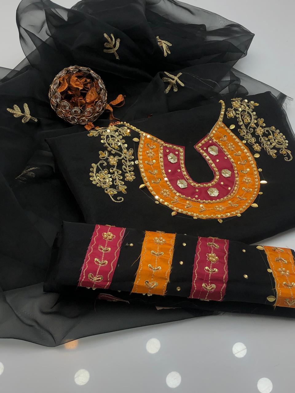 2 Pcs Women's Unstitched Organza Hand Work Suit