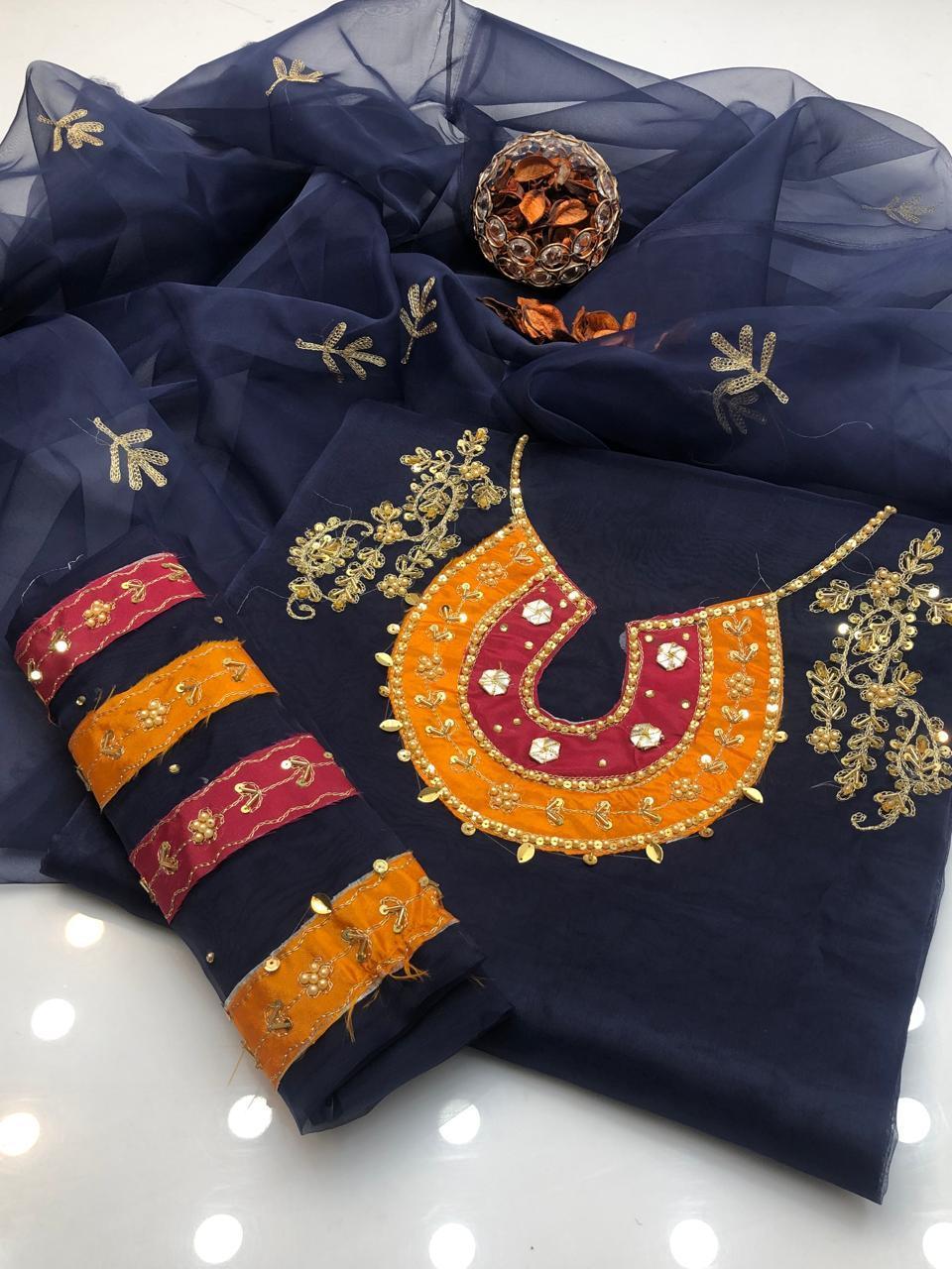 2 Pcs Women's Unstitched Organza Hand Work Suit