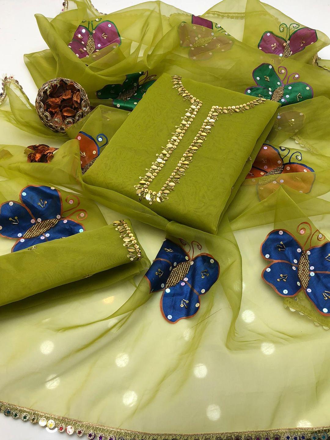 2 Pcs Women's Unstitched Organza Printed Embroidered Suit