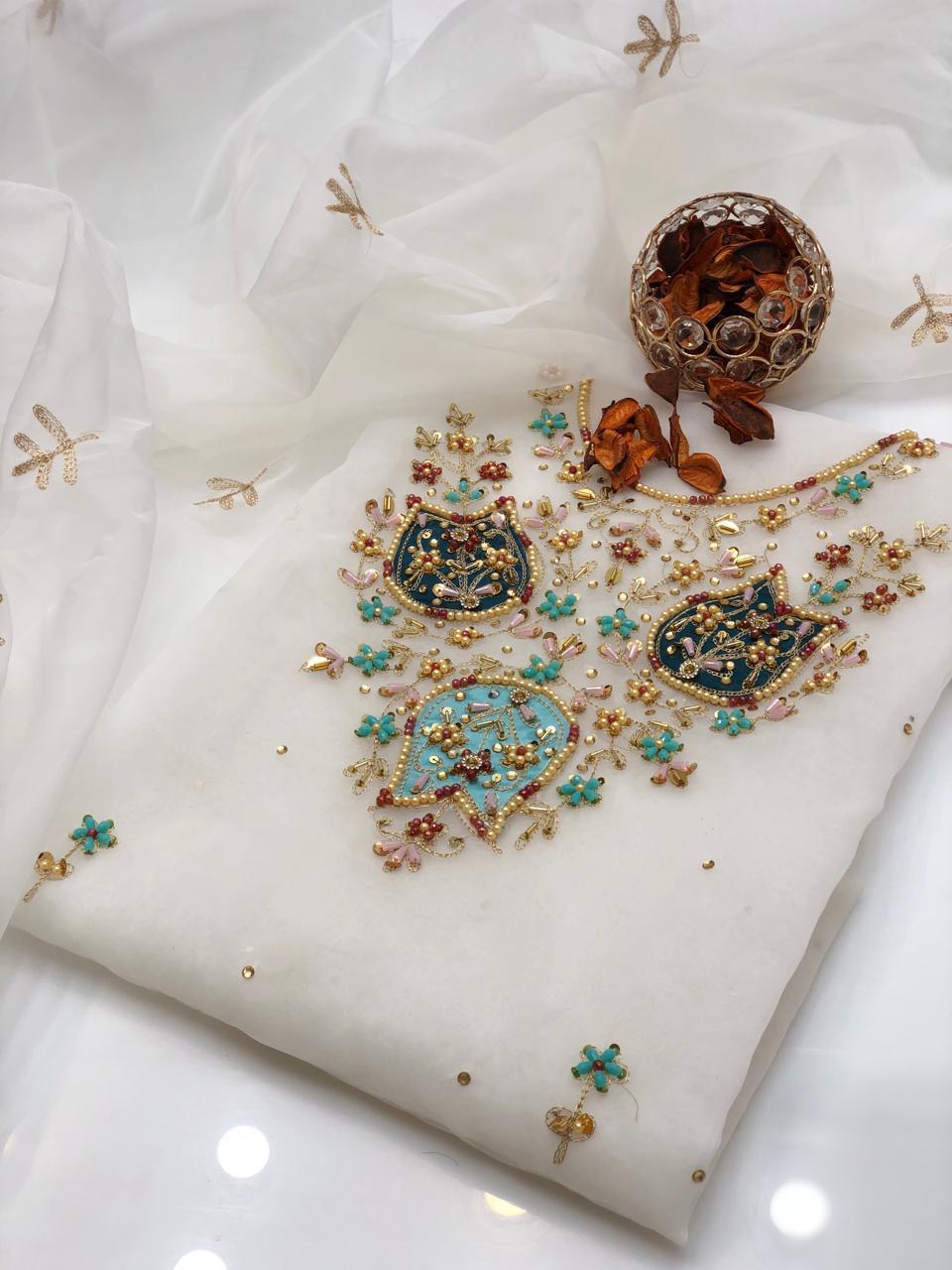 2 Pcs Women's Unstitched Organza Hand Embroidered Suit