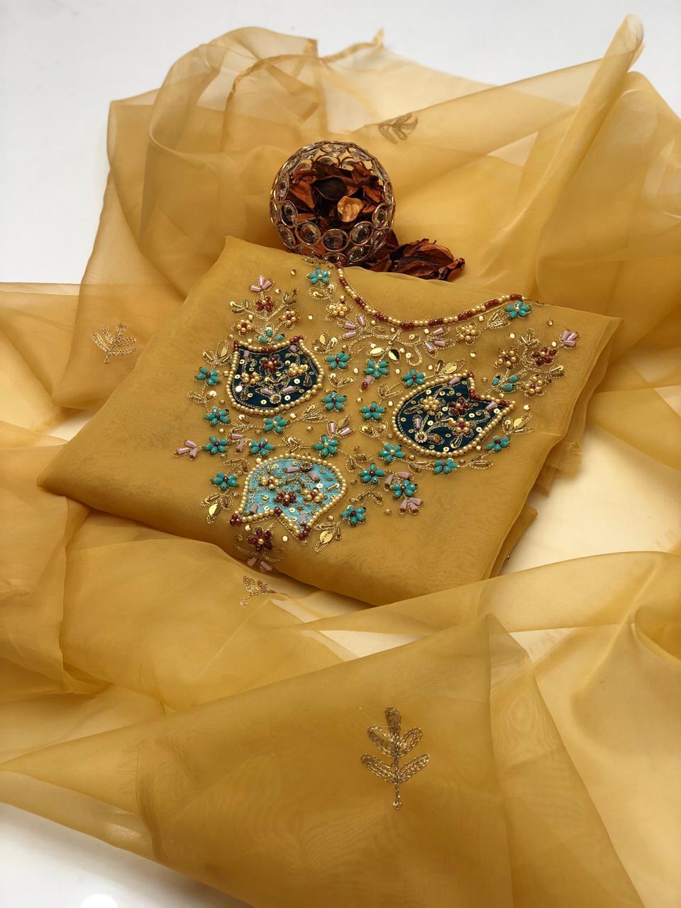 2 Pcs Women's Unstitched Organza Hand Embroidered Suit