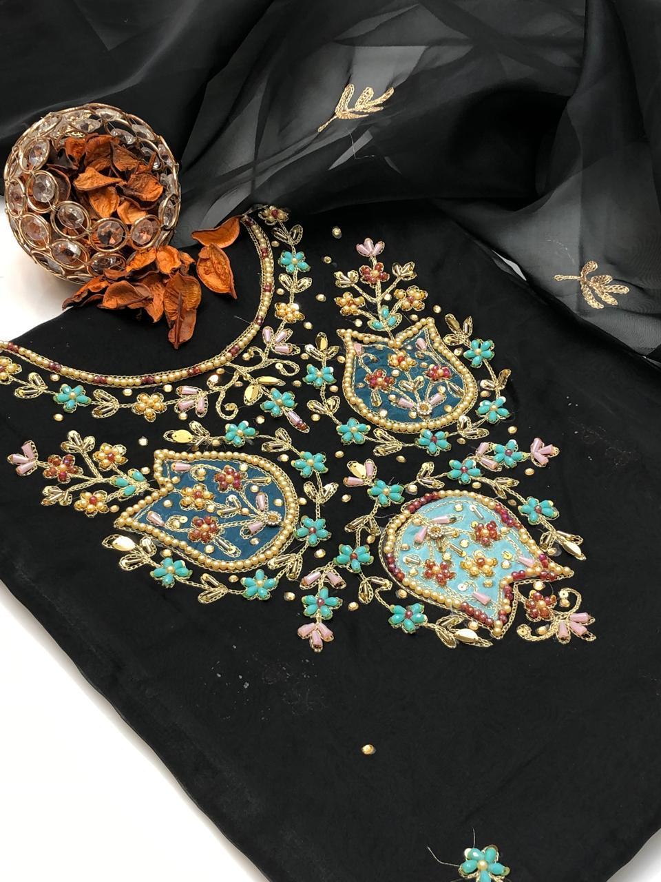 2 Pcs Women's Unstitched Organza Hand Embroidered Suit