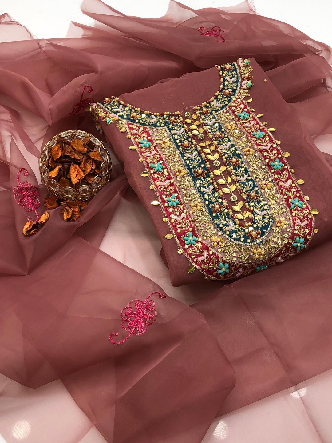 2 Pcs Women's Unstitched Organza Hand Embroidered Suit