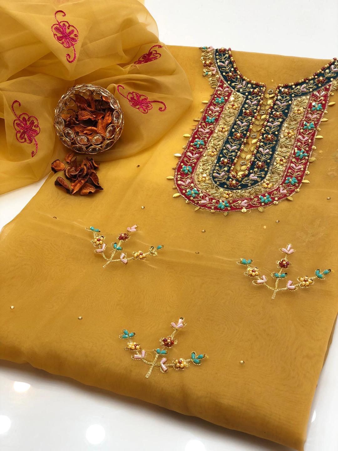 2 Pcs Women's Unstitched Organza Hand Embroidered Suit