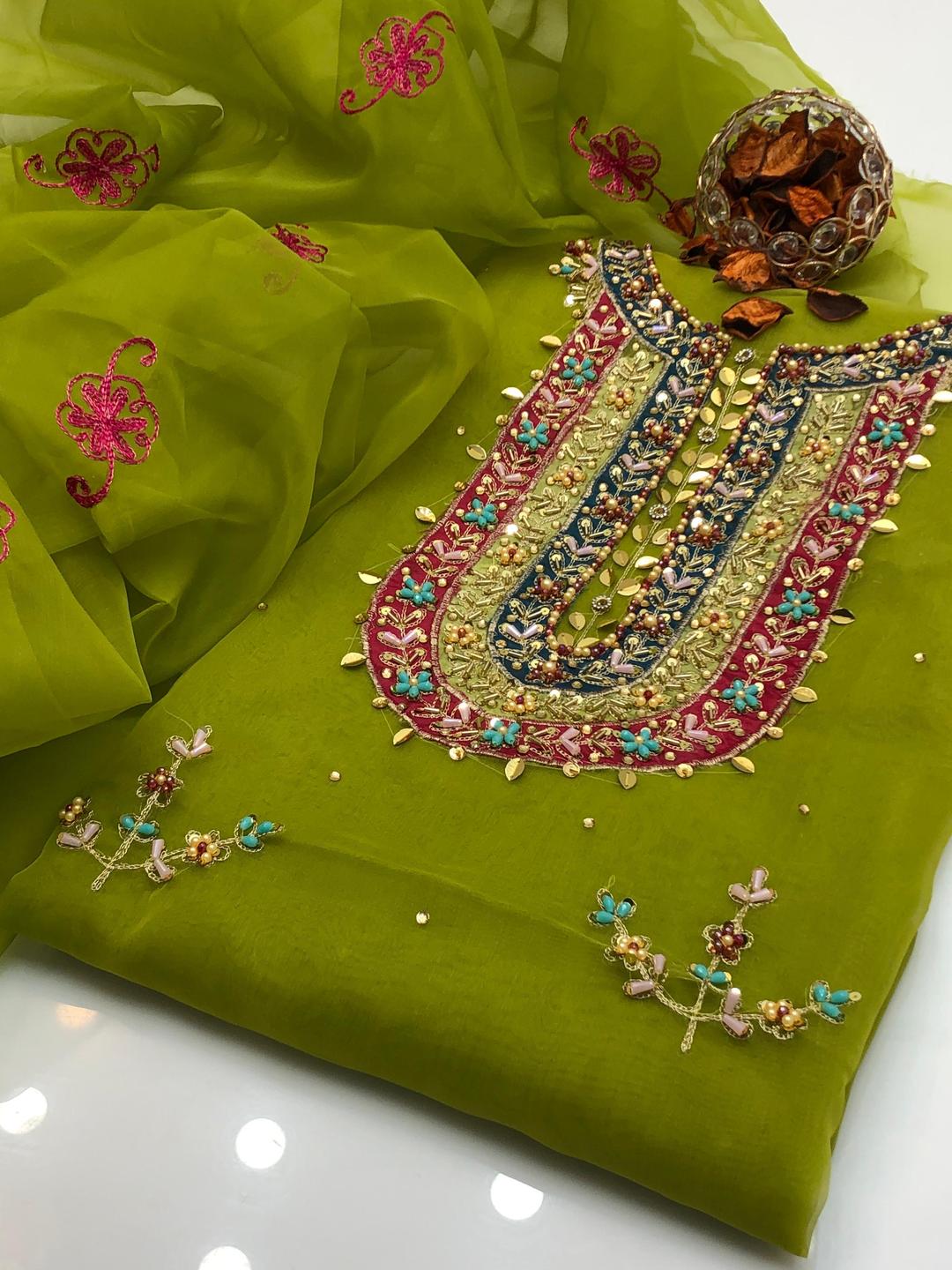 2 Pcs Women's Unstitched Organza Hand Embroidered Suit