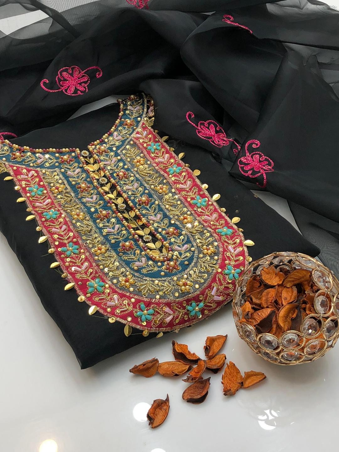 2 Pcs Women's Unstitched Organza Hand Embroidered Suit