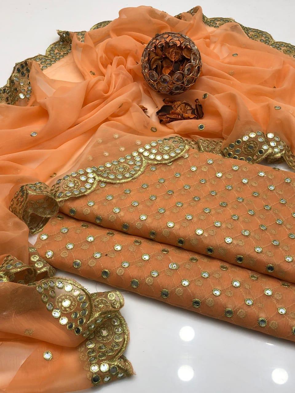 2 Pcs Women's Unstitched Sequins Embroidered Suit