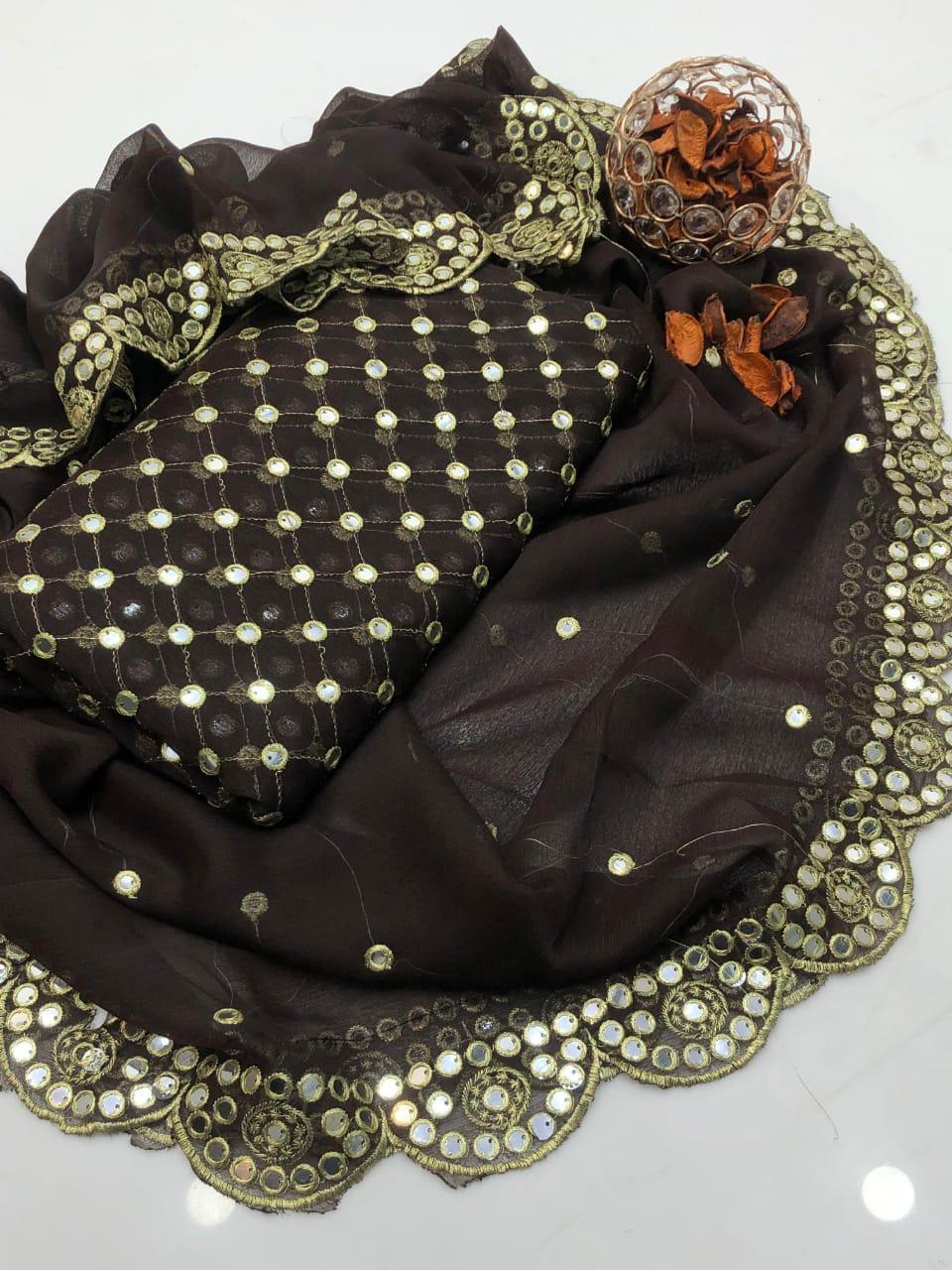 2 Pcs Women's Unstitched Sequins Embroidered Suit