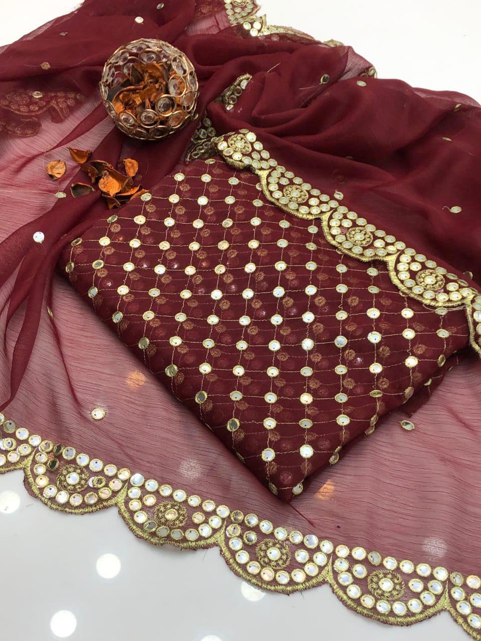 2 Pcs Women's Unstitched Sequins Embroidered Suit