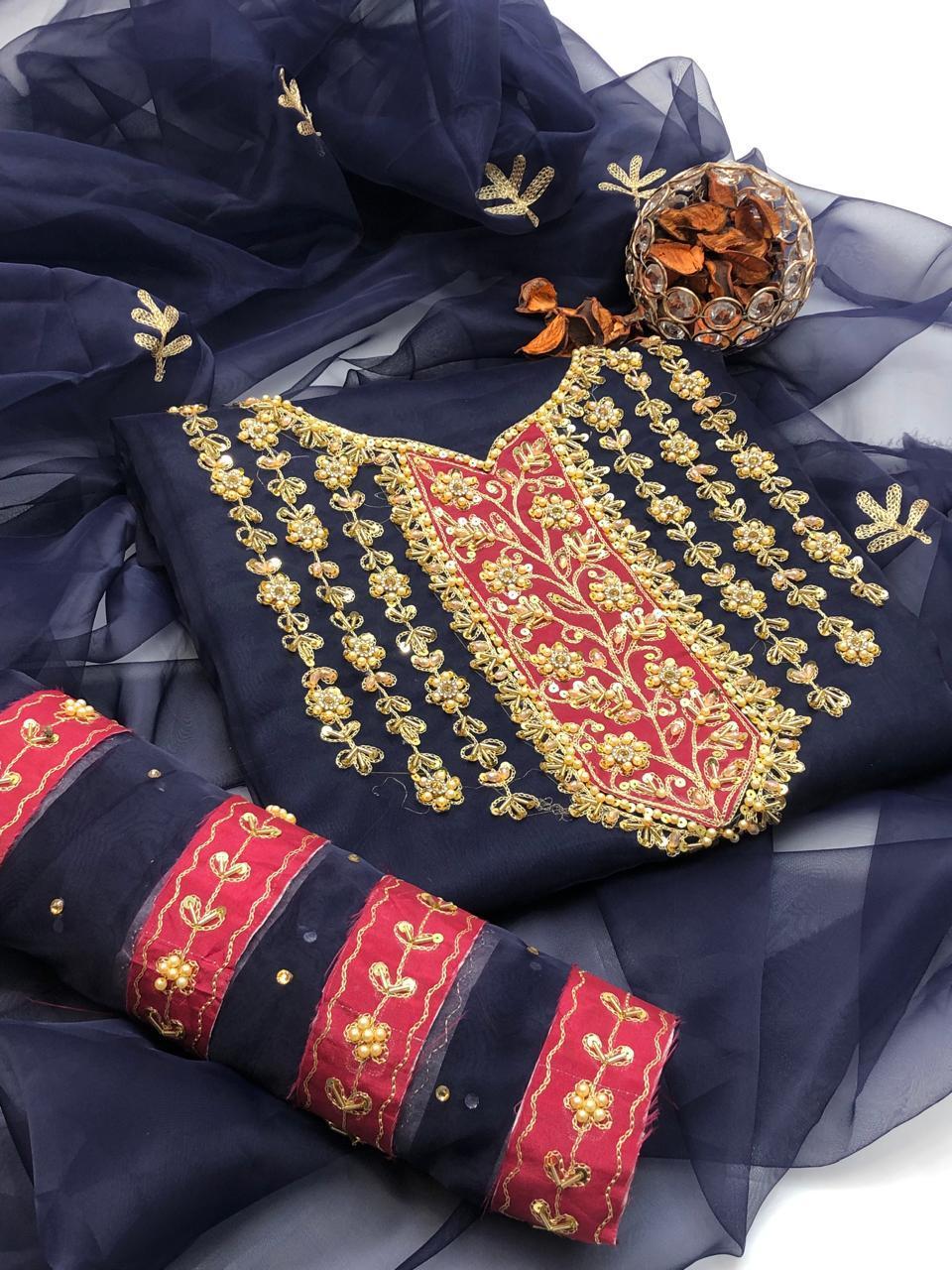 2 Pcs Women's Unstitched Hand Embroidered Suit