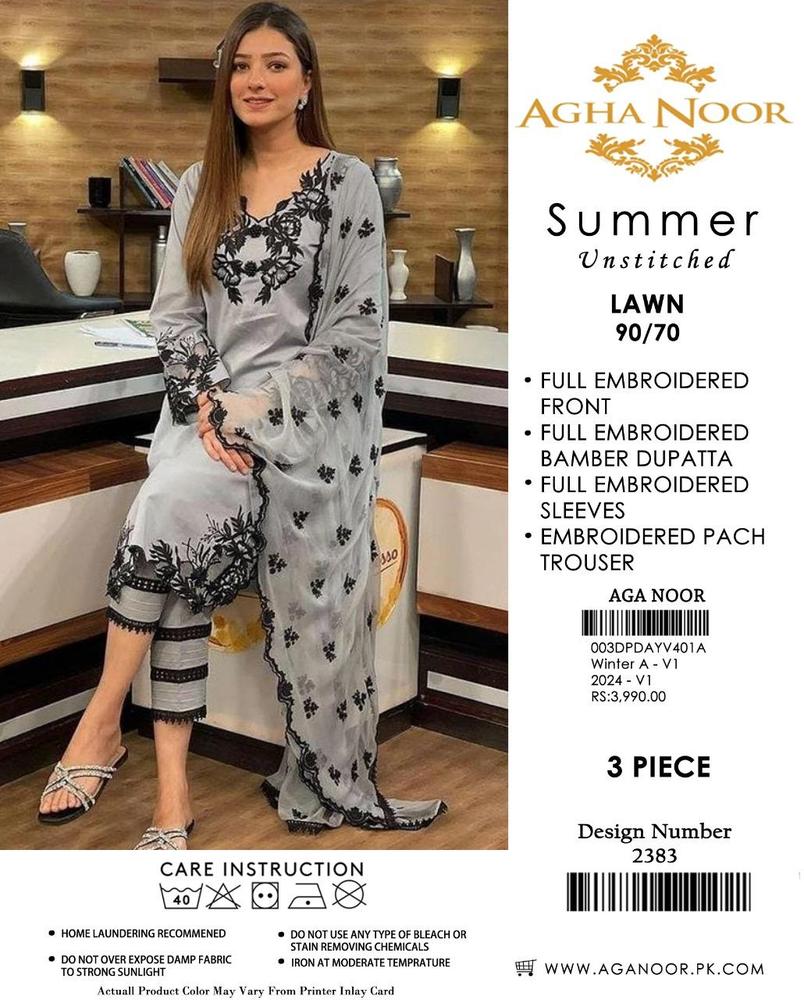 2 Pcs Women's Unstitched Lawn Embroidered Suit