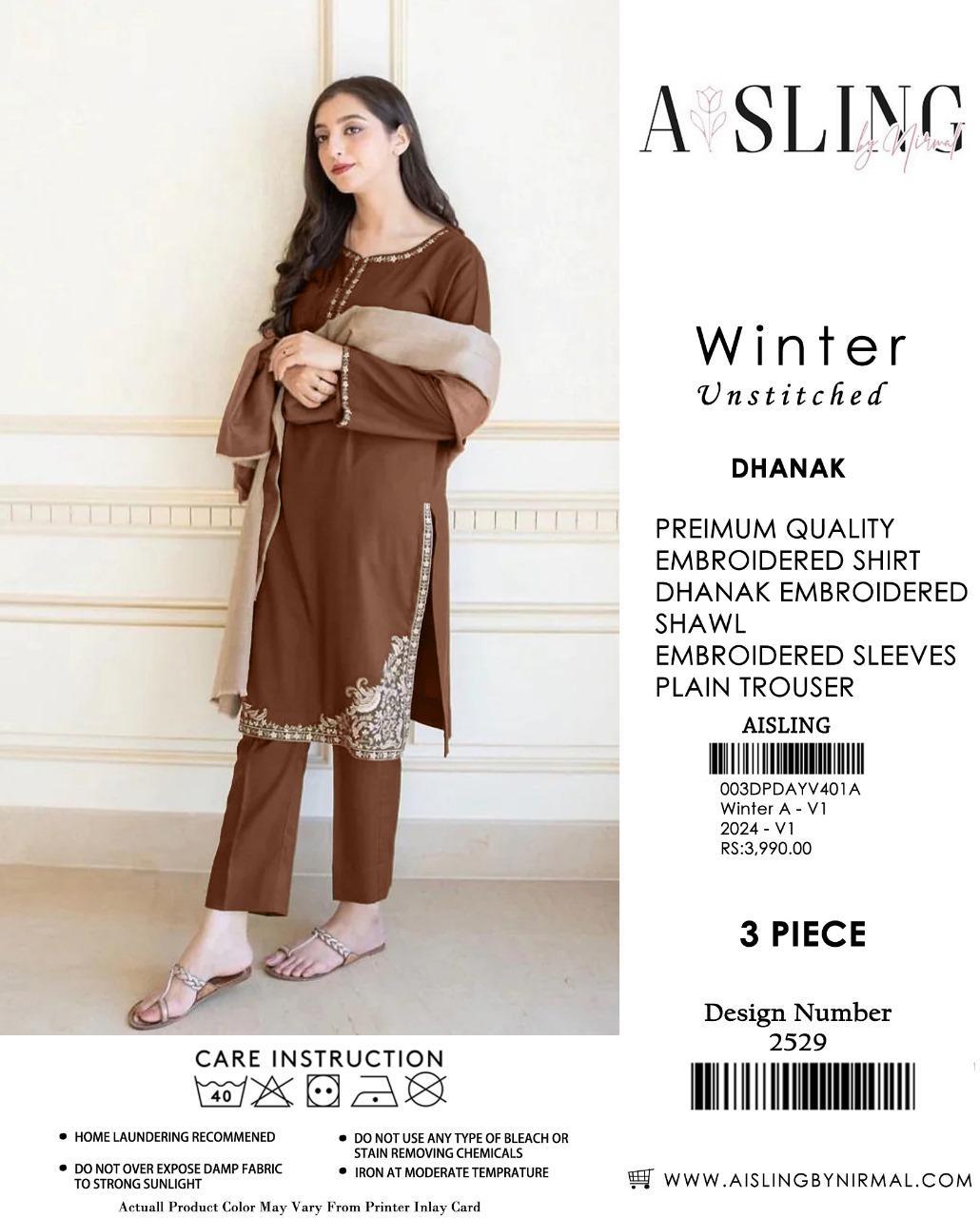 3 Pcs Women's Unstitched Dhanak Embroidered Suit