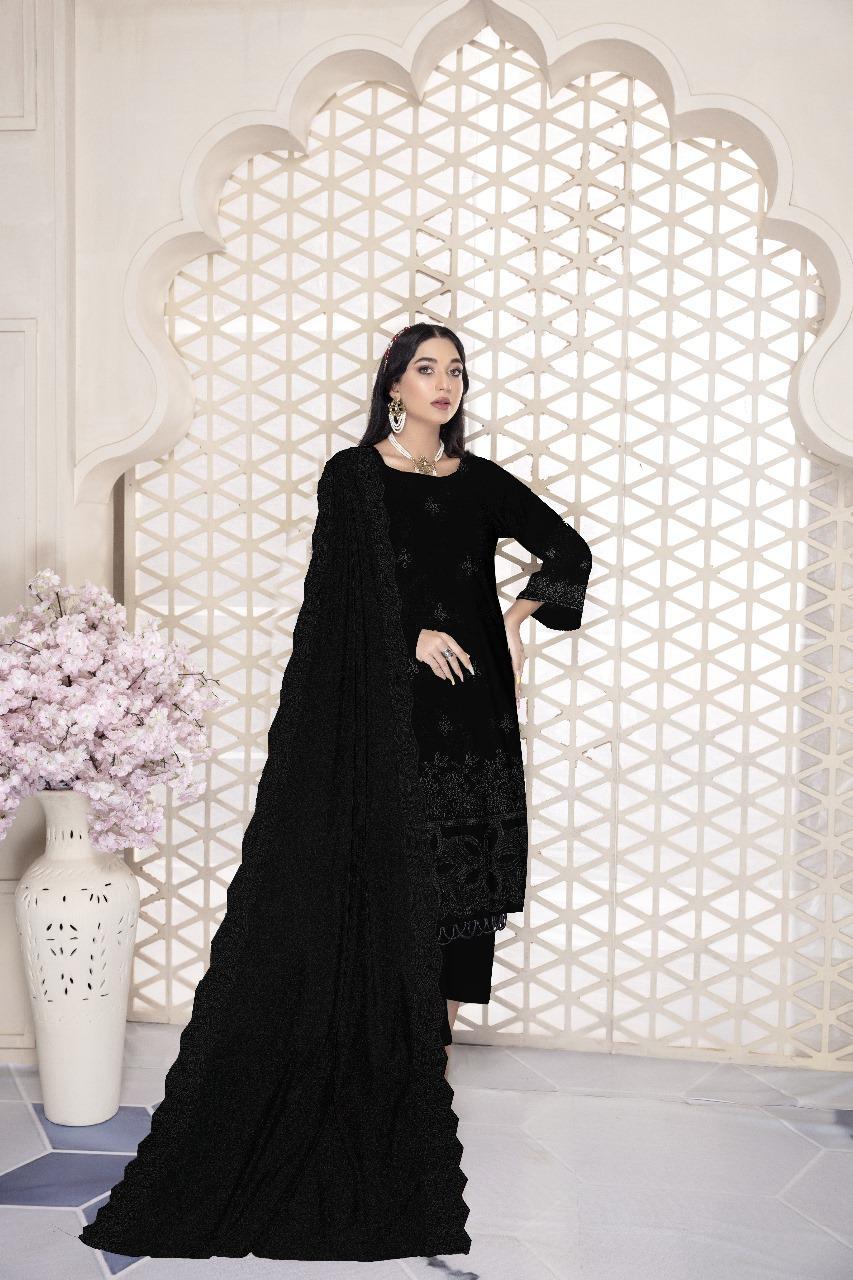 Elegant Black Dhanak Suit Set with Chikankari Embroidery - 3 Pcs