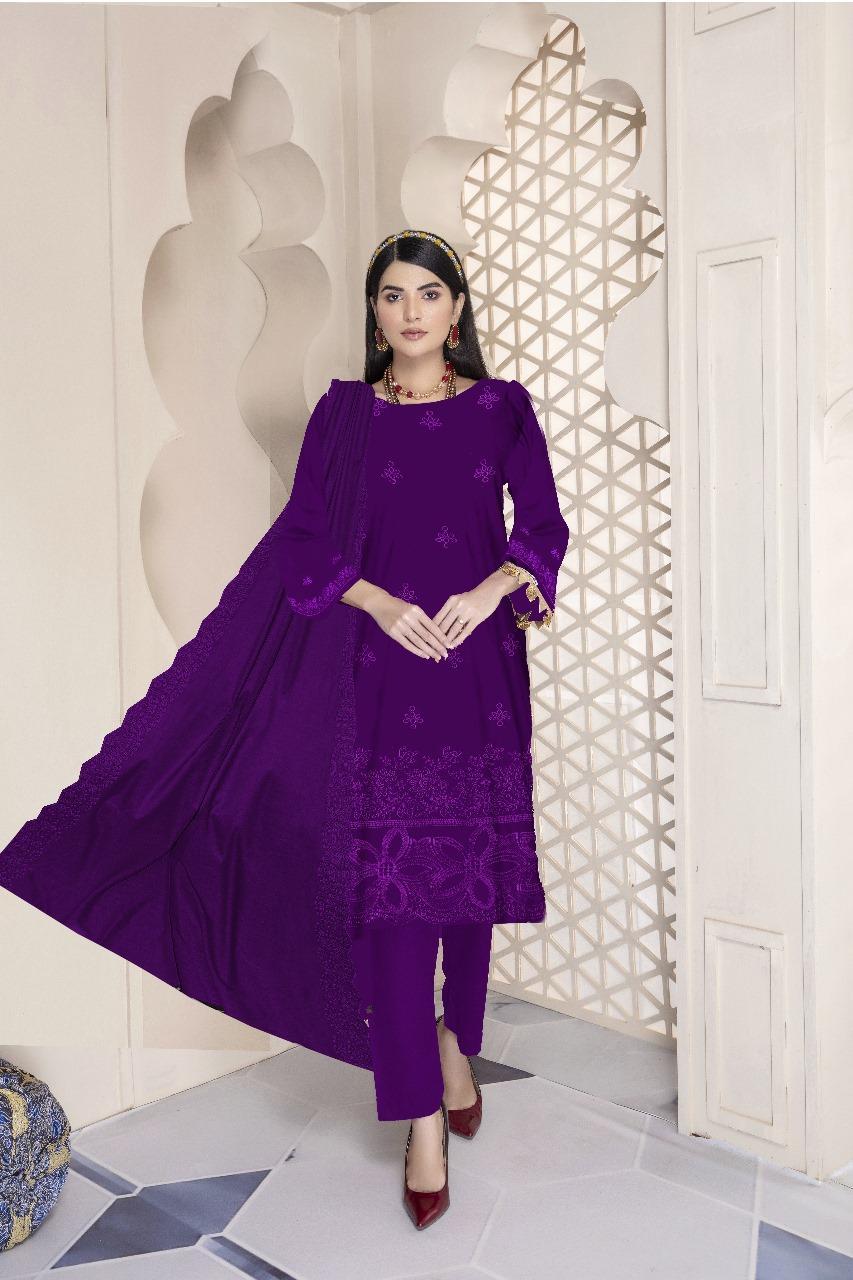 Elegant Purple Dhanak Suit with Chikankari Embroidery – 3 Piece Set
