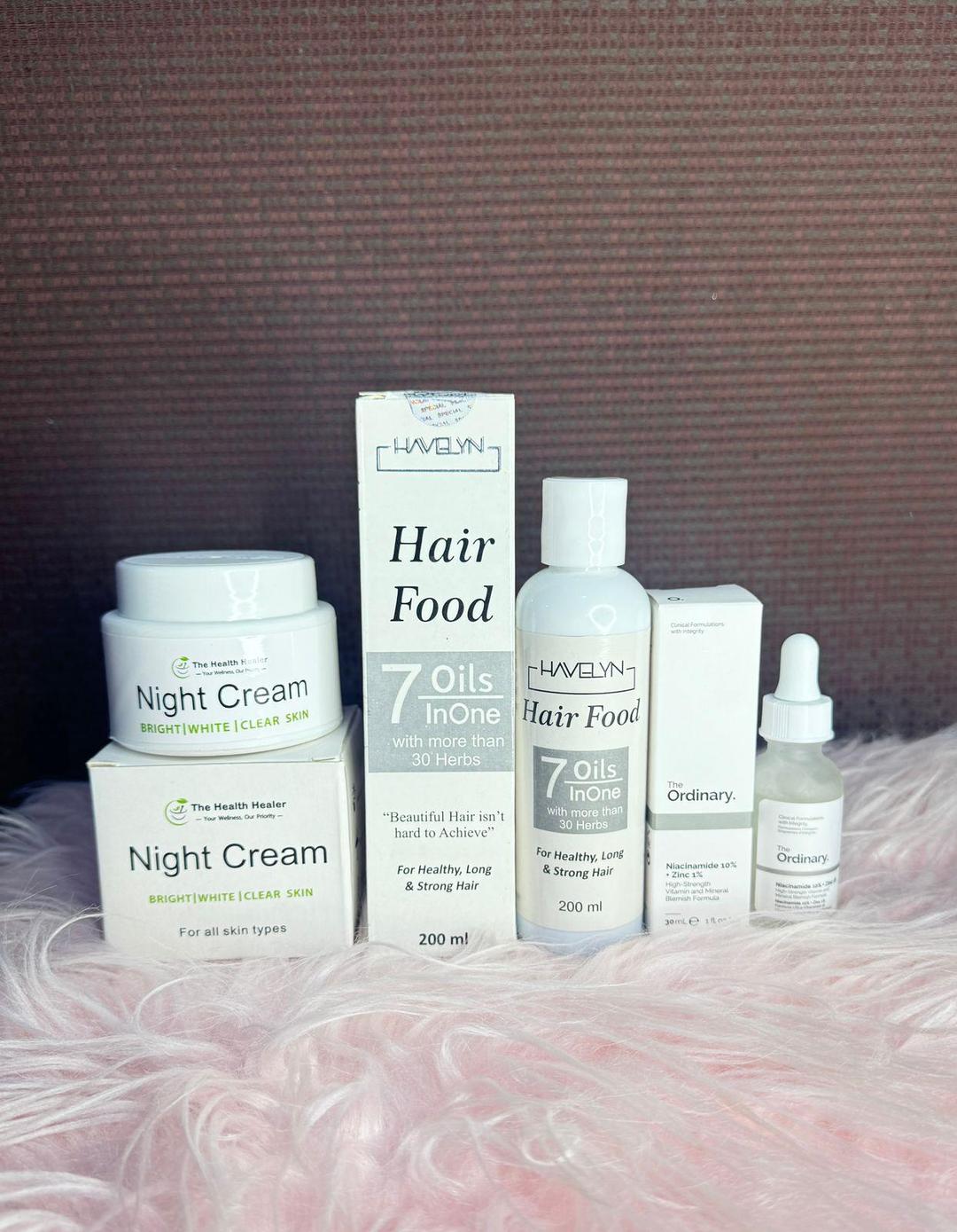 3 in 1 Skincare & Haircare Bundle – Hair Oil, Night Cream & Niacinamide Serum